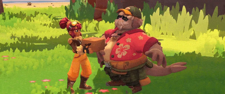 Official gameplay footage frame showing Lou interacting with an island character