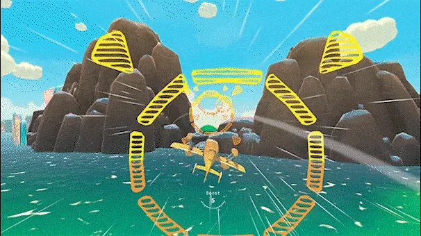 Official gameplay footage frame showing the seaplane flying through a ring challenge