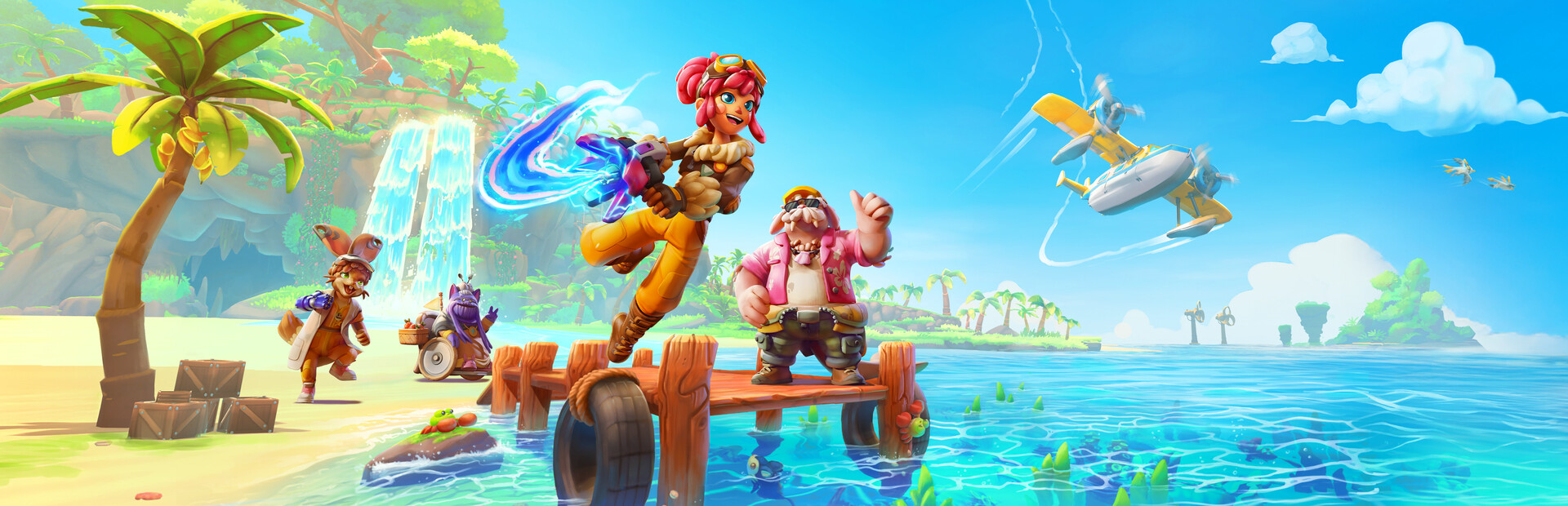 Official Lou's Lagoon promotional art with Lou and the seaplane over the island landscape
